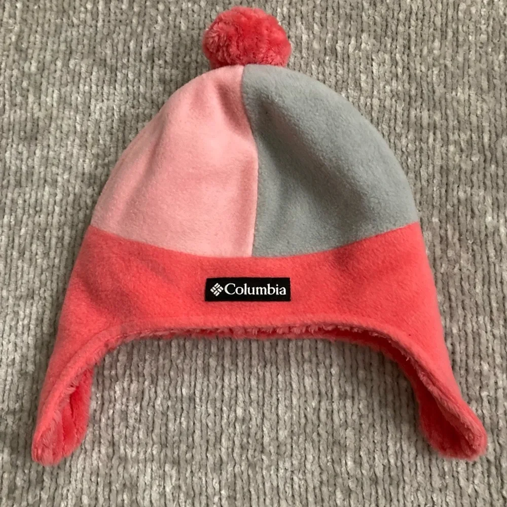 Columbia Youth S/M Fleece Ear Flap‎ Hat Pink Gray Red Pom Pom Winter Beanie